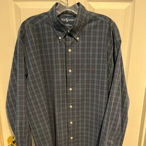 Ralph Lauren Mens Long Sleeve Button Front Shirt, Navy & Dark Green Plaid, Sz L
